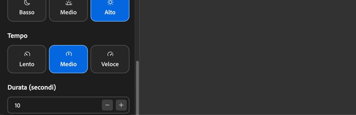 Le impostazioni del tempo mostrano le opzioni Lento, Medio e Veloce per regolare il ritmo della colonna sonora.