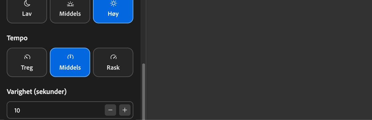 Tempoinnstillingene viser Sakte, Medium og Rask som alternativer for å justere lydsporets takt.