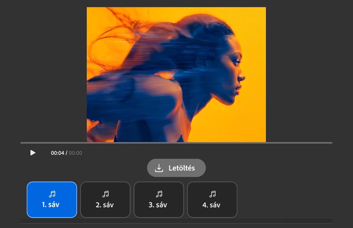 A Letöltés ablak négy generált zenei aláfestést jelenít meg egy előnézeti résszel és egy letöltés gombbal.