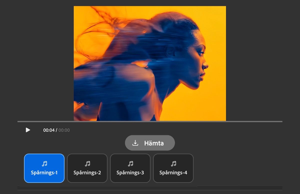 Hämtningsfönstret visar fyra genererade ljudspår med ett förhandsgranskningsavsnitt och en hämtningsknapp.
