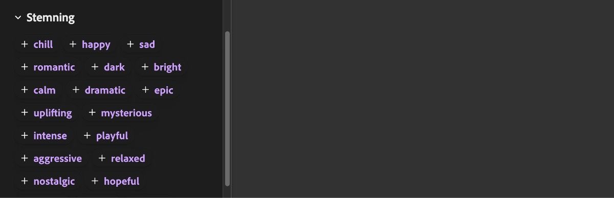 Den udvidede sektion Stemning viser flere inputmuligheder såsom afslappet, glad, trist, romantisk, mørk og andre.