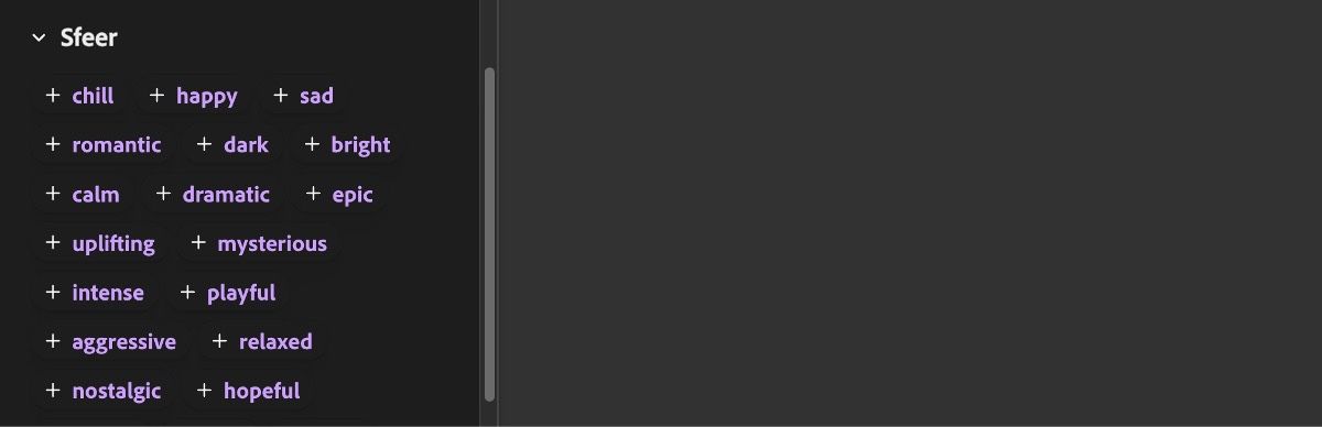 De uitgevouwen sectie Vibe toont verschillende invoeropties zoals ontspannen, vrolijk, verdrietig, romantisch, donker en andere.