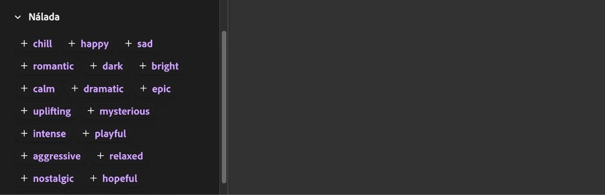 Rozbalená část Nálada zobrazuje několik možností vstupu, jako jsou uvolněná, šťastná, smutná, romantická, temná a další.