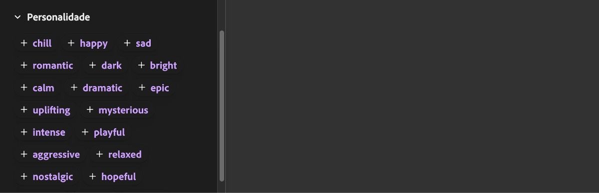 A seção Vibe expandida exibe várias opções de entrada, como calmo, feliz, triste, romântico, sombrio e outros.