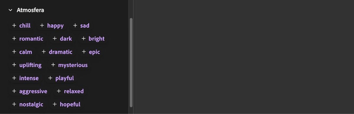 La sezione Atmosfera espansa mostra diverse opzioni di input come rilassato, felice, triste, romantico, cupo e altri.