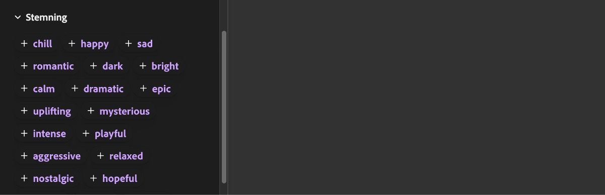 Den utvidede Stemning-delen viser flere inndataalternativer som avslappet, glad, trist, romantisk, mørk og andre.