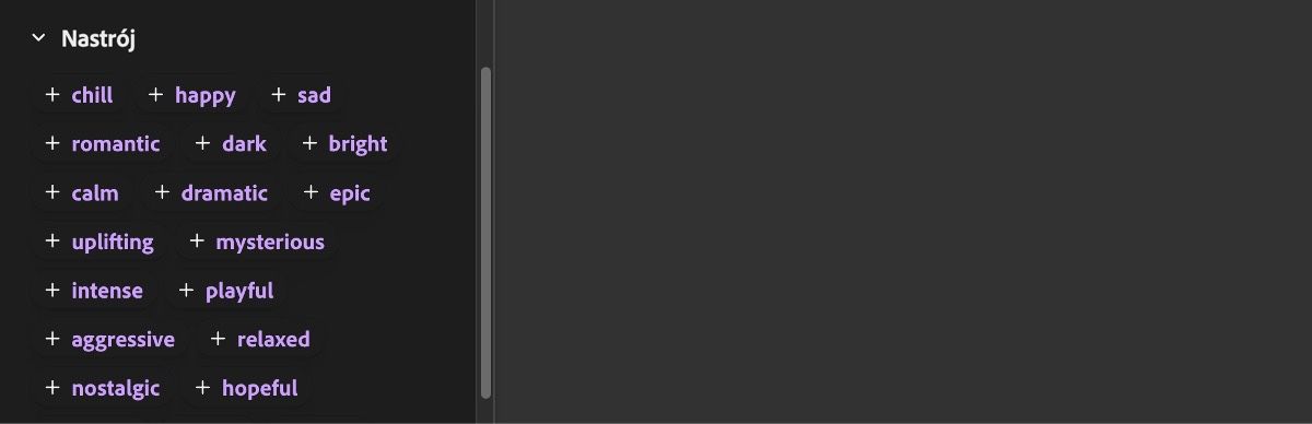 Rozszerzona sekcja Nastrój wyświetla kilka opcji wejściowych, takich jak wyluzowany, wesoły, smutny, romantyczny, mroczny i inne.