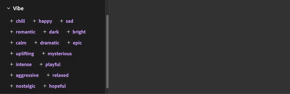 The expanded Vibe section displays several input options such as chill, happy, sad, romantic, dark, and others.