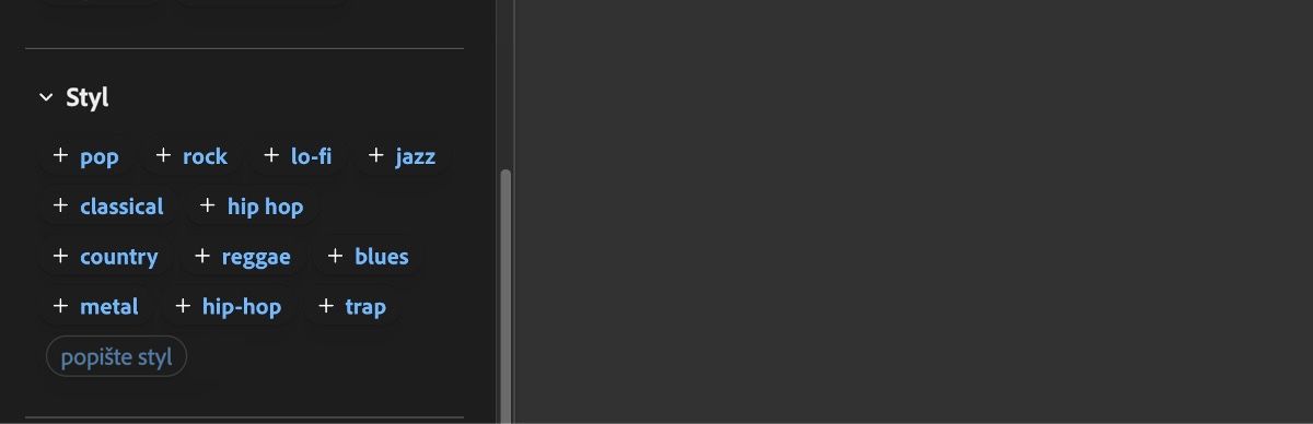 Část Styl zobrazuje seznam možností vstupu, jako jsou pop, rock, lo-fi, jazz, klasická hudba, hip hop a další.