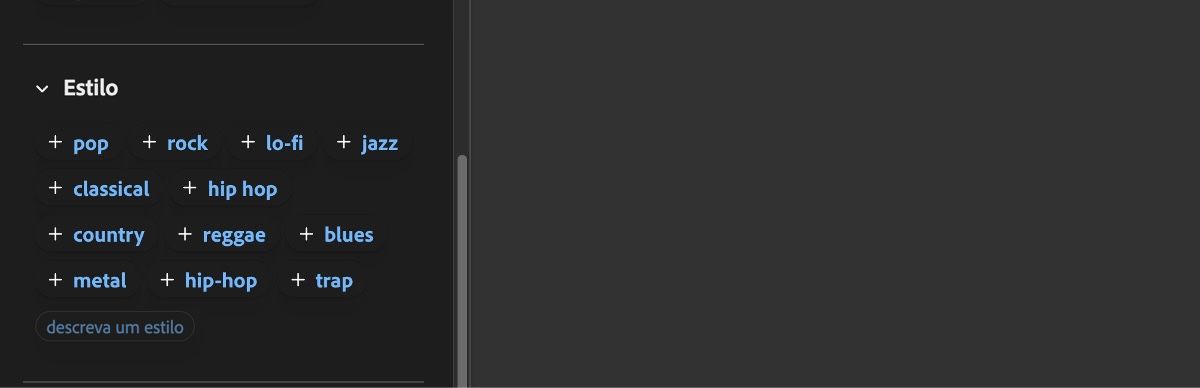 A seção Estilo exibe uma lista de opções de entrada, como pop, rock, lo-fi, jazz, clássica, hip-hop e outros.