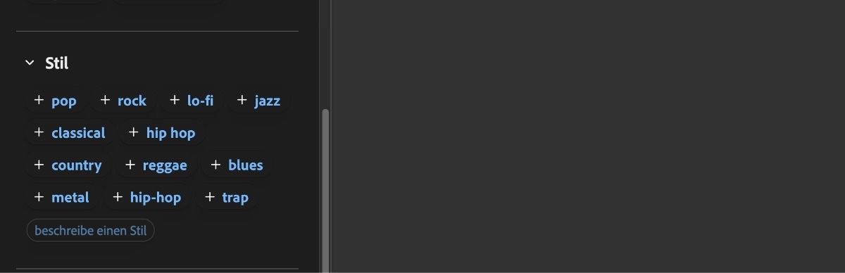 Im Abschnitt „Stil“ wird eine Liste von Eingabeoptionen wie Pop, Rock, Lo-Fi, Jazz, Klassik und Hip-Hop angezeigt.