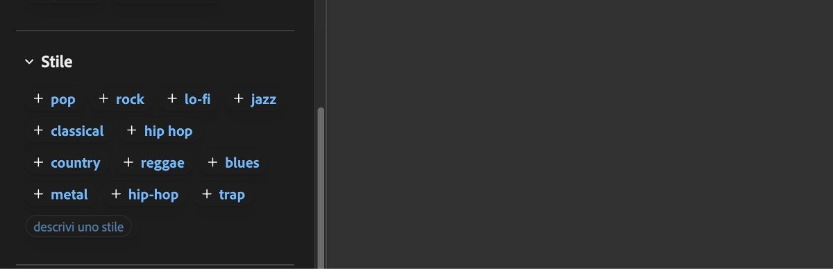 La sezione Stile mostra un elenco di opzioni di input come pop, rock, lo-fi, jazz, classica, hip hop e altri.