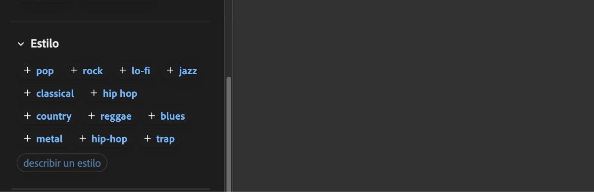 La sección Estilo muestra una lista de opciones de entrada como pop, rock, LoFi, jazz, clásico, hip hop y otros géneros.
