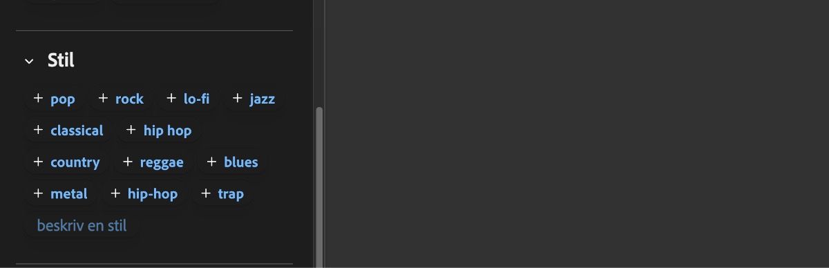 Stilavsnittet visar en lista med inmatningsalternativ som pop, rock, lo-fi, jazz, klassisk, hiphop och andra.