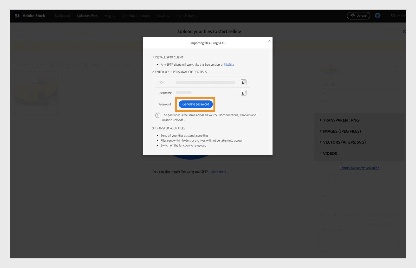 Das generierte Passwort gilt für alle SFTP-Uploads (einschließlich Vektordateien) und kann für zukünftige Übertragungen wiederverwendet werden. Halte dieses Passwort sicher und verwende es mit deinem SFTP-Client, um Dateien hochzuladen.