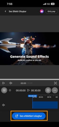 SFX oluştur (beta) sayfası açıktır ve Ses efektleri oluştur düğmesi vurgulanmış durumdadır.