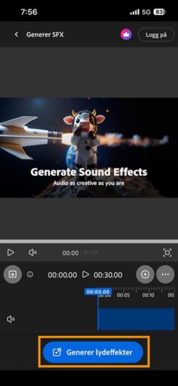 Siden Generer SFX (beta) er åpen, og knappen Generer lydeffekter er uthevet.