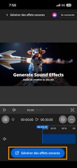 La page Générer des effets sonores (beta) est ouverte et un bouton Générer des effets sonores est mis en évidence.