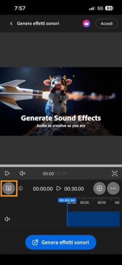 Il pulsante Carica è evidenziato e consente di aggiungere un video per il quale generare effetti sonori.