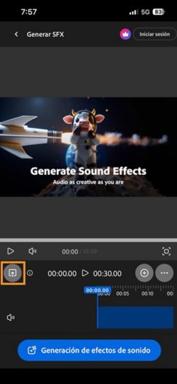 Se resalta el botón Cargar con el fin de que pueda añadir un vídeo para el que desea generar sonido.