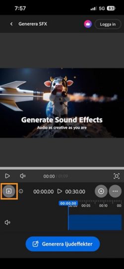 Knappen Ladda upp är markerad så att du kan lägga till en video som du vill generera ljud för.