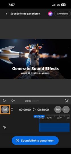 Der Upload-Button ist hervorgehoben, damit du ein Video hinzufügen kannst, für das du Sound generieren möchtest.