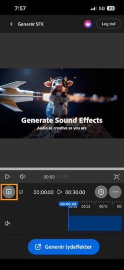 Upload-knappen er fremhævet, så du kan tilføje en video, som du vil generere lyd til.