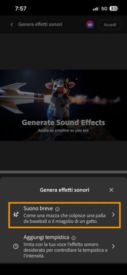 Puoi scegliere le opzioni Suono breve e Audio a tempo con il video. L'opzione Suono breve è selezionata per generare un effetto sonoro utilizzando una breve descrizione testuale.