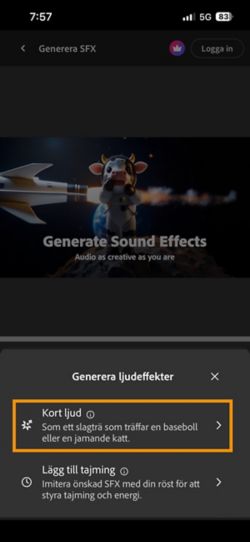 Alternativen Kort ljud och Ljud tajmat med din video finns tillgängliga att välja mellan. Alternativet Kort ljud är valt för att generera en ljudeffekt med hjälp av en kort textbeskrivning.