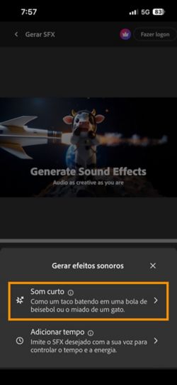 Som curto e som temporizado com as opções de vídeo disponíveis. A opção som curto é selecionada para gerar um efeito sonoro usando uma breve descrição de texto.