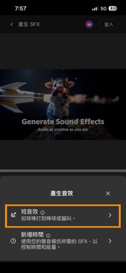 可以選擇短音效和與您的影片同步的音效選項。 已選取「短音效」選項，以使用簡短的文字說明產生音效。
