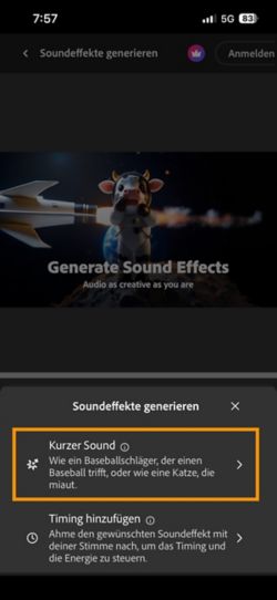 Die Optionen „Kurzer Ton“ und „Sound passend zum Video“ stehen zur Auswahl. Die Option „Kurzer Ton“ ist ausgewählt, um einen Soundeffekt mit einer kurzen Textbeschreibung zu generieren.