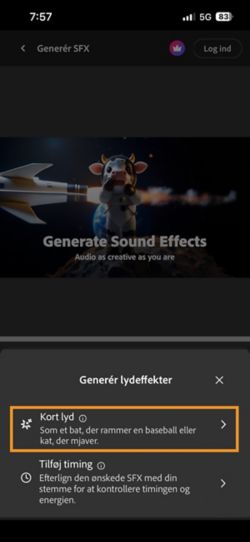 Indstillingerne Kort lyd og Timet lyd med din video kan vælges. Indstillingen Kort lyd er valgt for at generere en lydeffekt ved hjælp af en kort tekstbeskrivelse.