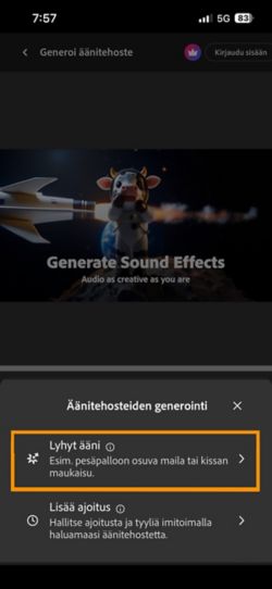 Lyhyt ääni ja Ajoitettu ääni videollesi -vaihtoehdot ovat valittavissa. Lyhyt ääni -vaihtoehto on valittuna. Sen avulla voit luoda äänitehosteen lyhyestä tekstikuvauksesta.