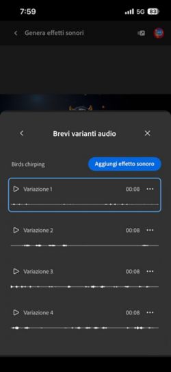 L'opzione Brevi varianti audio è aperta e sono disponibili quattro diverse variazioni generate tra cui scegliere. C'è anche un'opzione per aggiungere gli effetti sonori alla timeline.