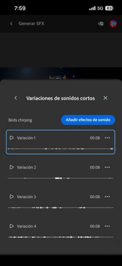 La opción Variaciones de sonidos cortos está abierta y hay cuatro variaciones generadas diferentes disponibles entre las que puede elegir. También hay una opción para añadir los efectos de sonido a la cronología.