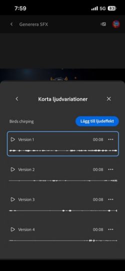 Alternativet Variationer av kort ljud är öppet, och fyra olika genererade variationer finns tillgängliga att välja mellan. Det finns också ett alternativ för att lägga till ljudeffekterna i tidslinjen.