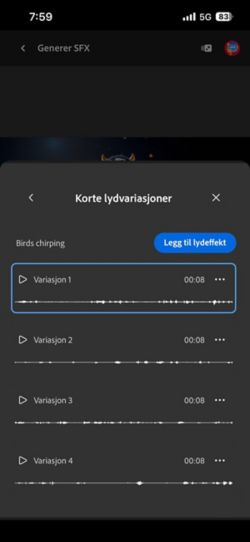 Alternativet Variasjoner for kort lyd er åpen, og du kan velge mellom fire ulike genererte variasjoner. Det finnes også et alternativ for å legge til lydeffektene på tidslinjen.