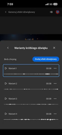 Opcja Warianty krótkiego dźwięku jest otwarta i dostępne są cztery różne wygenerowane warianty do wyboru. Dostępna jest również opcja dodania efektów dźwiękowych do osi czasu.
