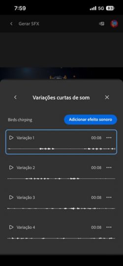 A opção Variações de som curtas está ativada e há quatro variações geradas diferentes disponíveis para escolha. Há também uma opção para adicionar os efeitos sonoros à linha do tempo.