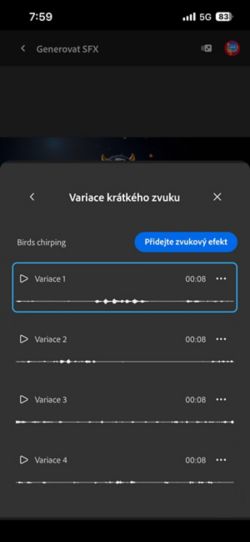 Je otevřena možnost Varianty krátkého zvuku a jsou k dispozici čtyři různé vygenerované varianty, ze kterých si můžete vybrat. K dispozici je také možnost přidat zvukové efekty na časovou osu.