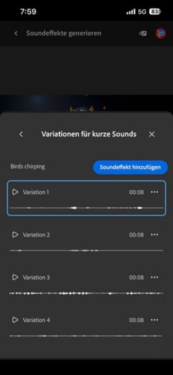 Die Option „Kurze Tonvarianten“ ist geöffnet, und vier verschiedene generierte Variationen stehen zur Auswahl. Es gibt auch eine Option, um die Soundeffekte zur Timeline hinzuzufügen.