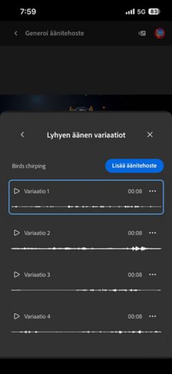 Lyhyen äänen variaatiot -vaihtoehto on avoinna, ja valittavissa on neljä erilaista generoitua variaatiota. Lisäksi on vaihtoehto lisätä äänitehosteita aikajanalle.