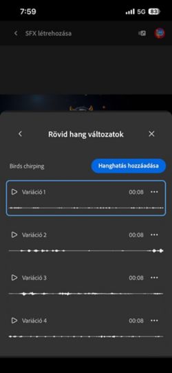A Short Sound Variations opció nyitva van, és négy különböző létrehozott változat közül lehet választani. Van lehetőség a hanghatások idősávhoz adására is.