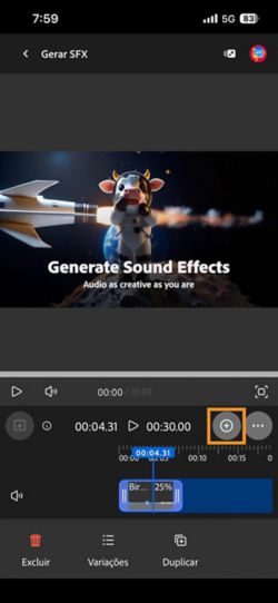 O efeito sonoro gerado é adicionado à linha do tempo, e você pode editá-lo. Você também pode gerar e adicionar um novo efeito sonoro.