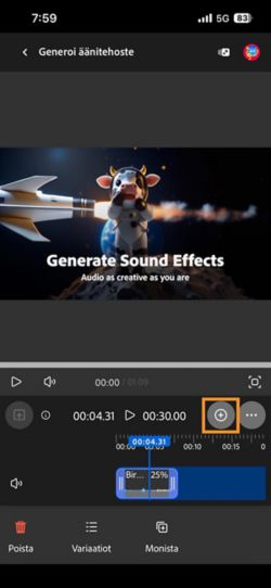Generoitu äänitehoste lisätään aikajanalle, ja sitä voi muokata. Voit myös generoida ja lisätä uuden äänitehosteen.