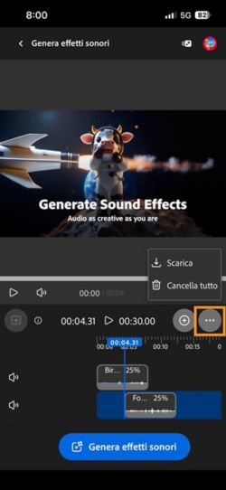 L'opzione Scarica è evidenziata e consente di scaricare la clip audio o video composta.