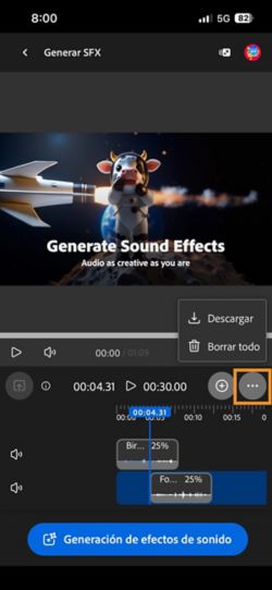 La opción Descargar está resaltada para que pueda descargar el clip de audio o vídeo compuesto.