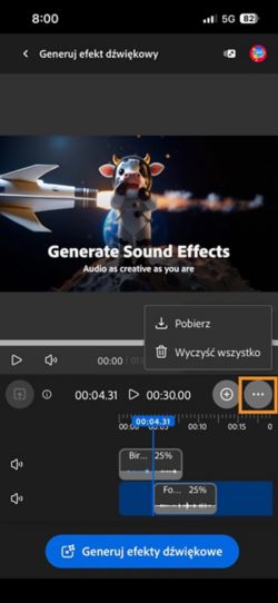 Opcja Pobierz jest podświetlona, umożliwiając pobranie skomponowanego klipu audio lub wideo.