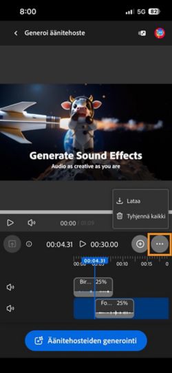 Latausvaihtoehto näkyy korostettuna. Sen avulla voit ladata valmiin ääni- tai videoleikkeen.